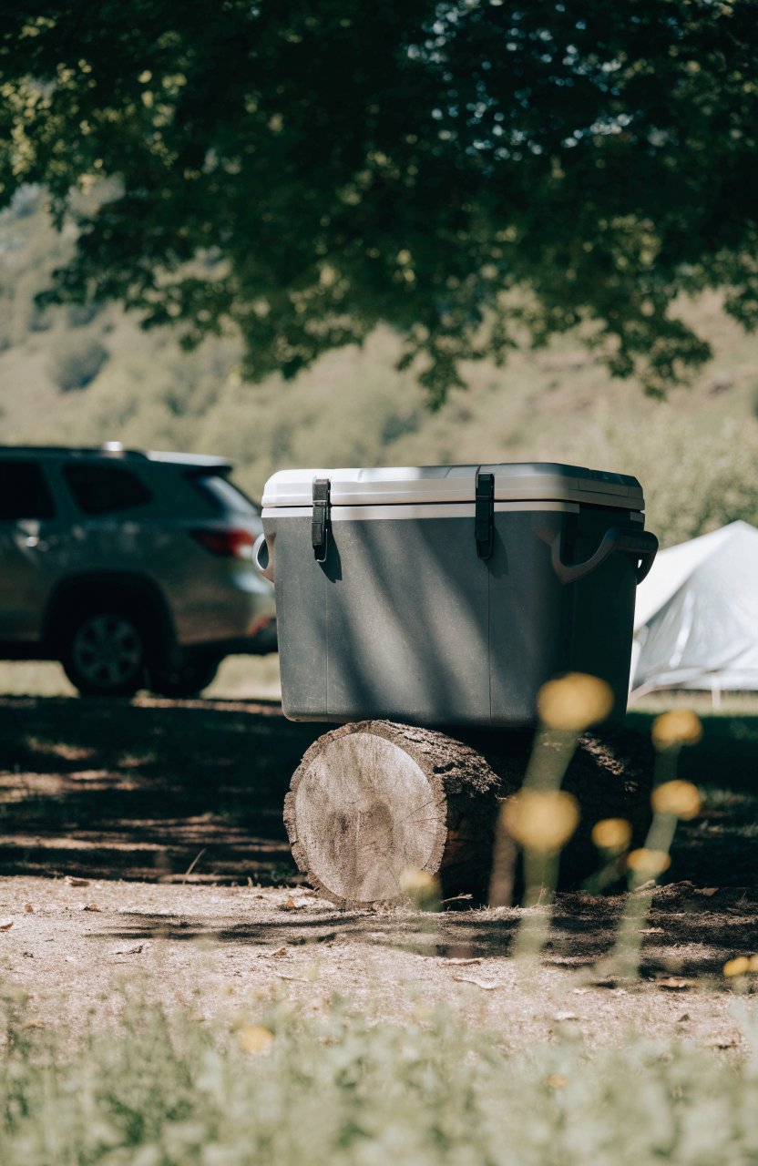 Cooler raised on a log round in the shade at camp