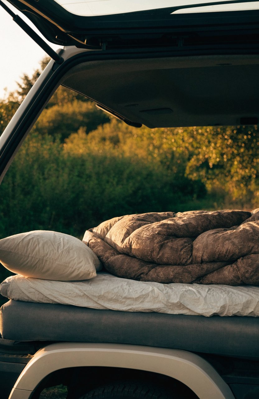Bed made in the back of a car in late afternoon light
