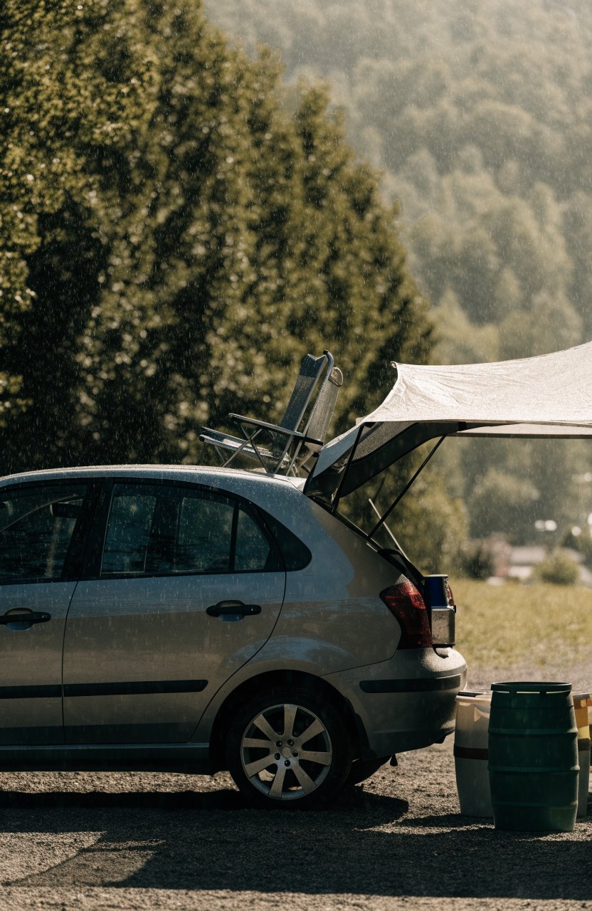 Car campsite set up for rain with the stove under the open hatch