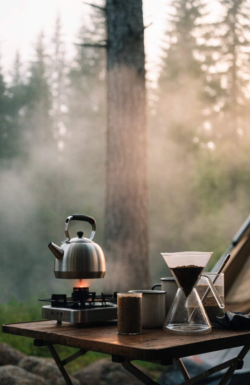 Morning coffee station on a camp table