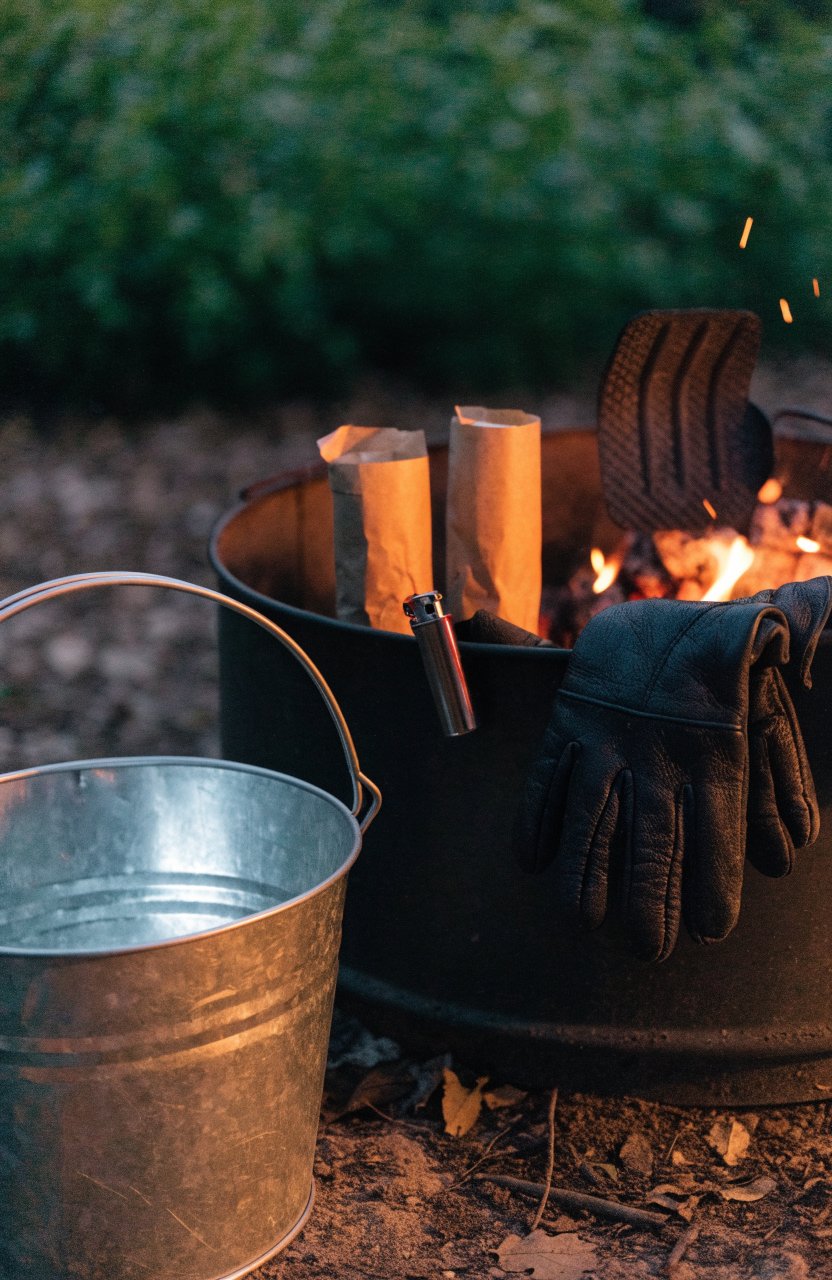 Metal bucket with fire gear next to a campfire ring