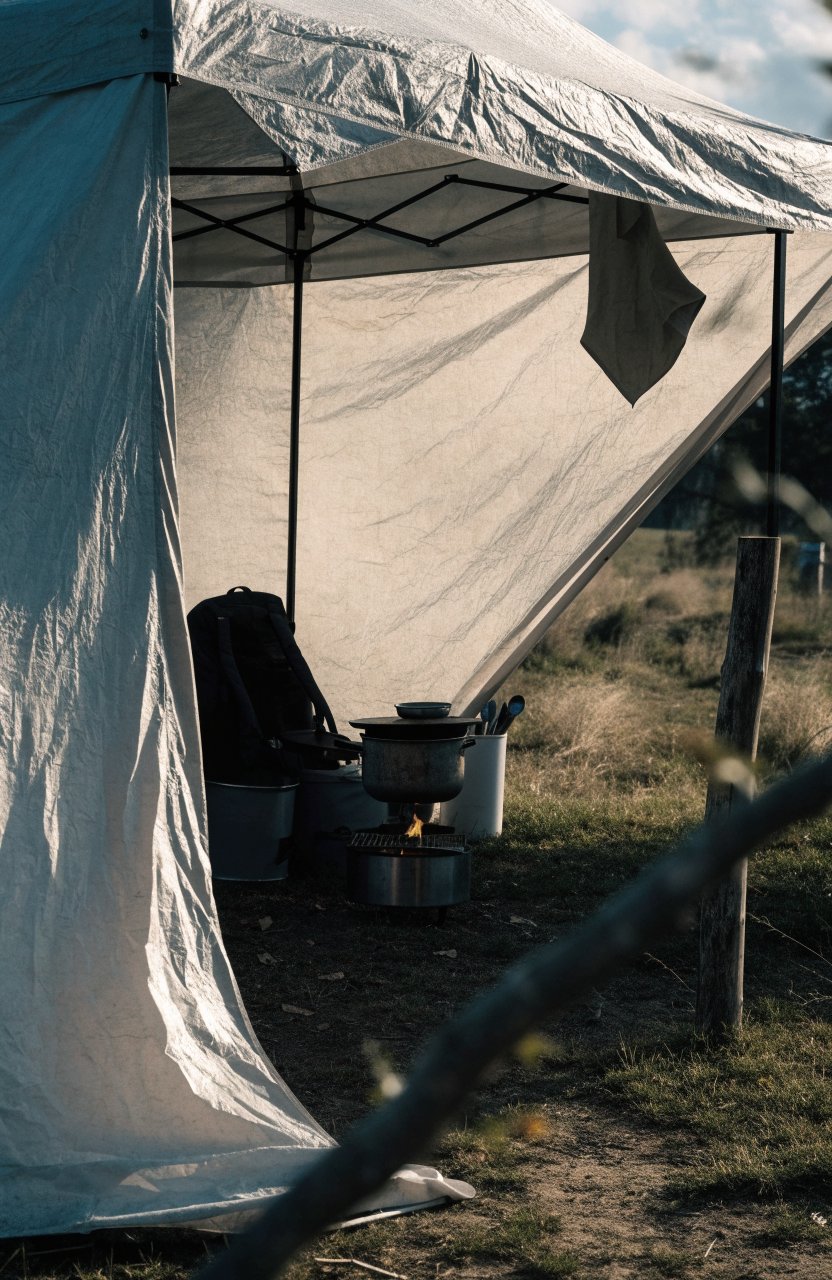 Canopy with one side wall blocking the wind over a camp kitchen