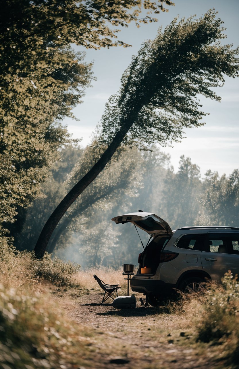 Car parked with the open hatch sheltered from the wind