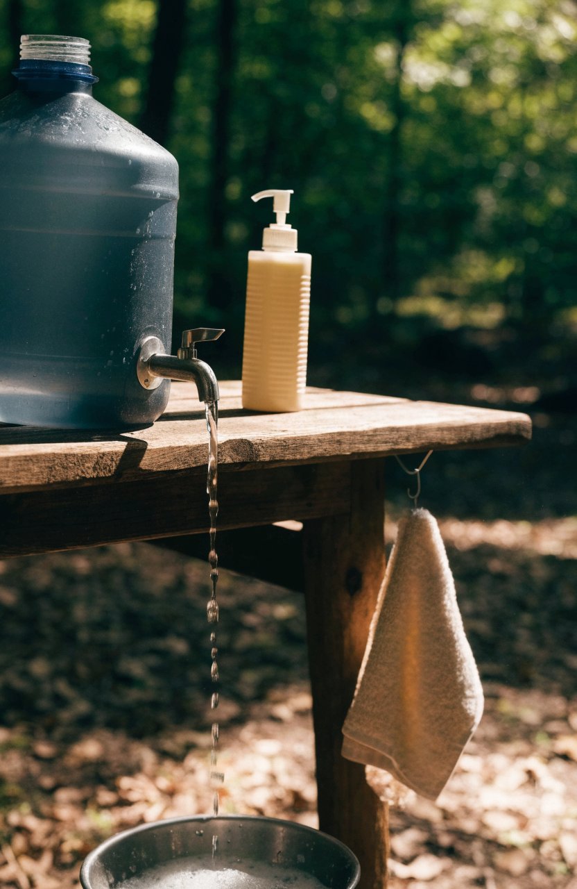 Camp hand-washing station with a water jug, soap and basin