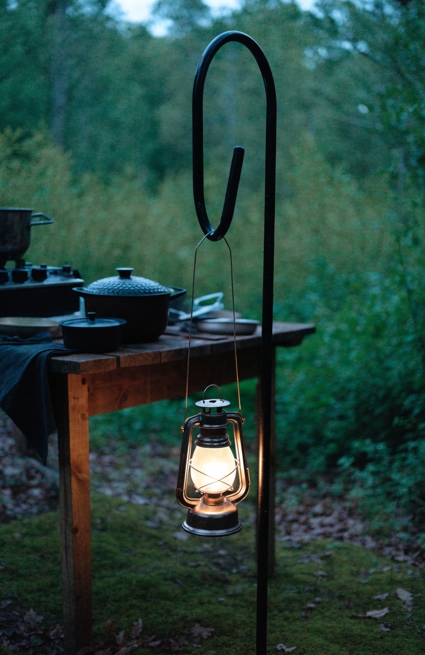 Lantern on a shepherd's hook over a camp kitchen at dusk
