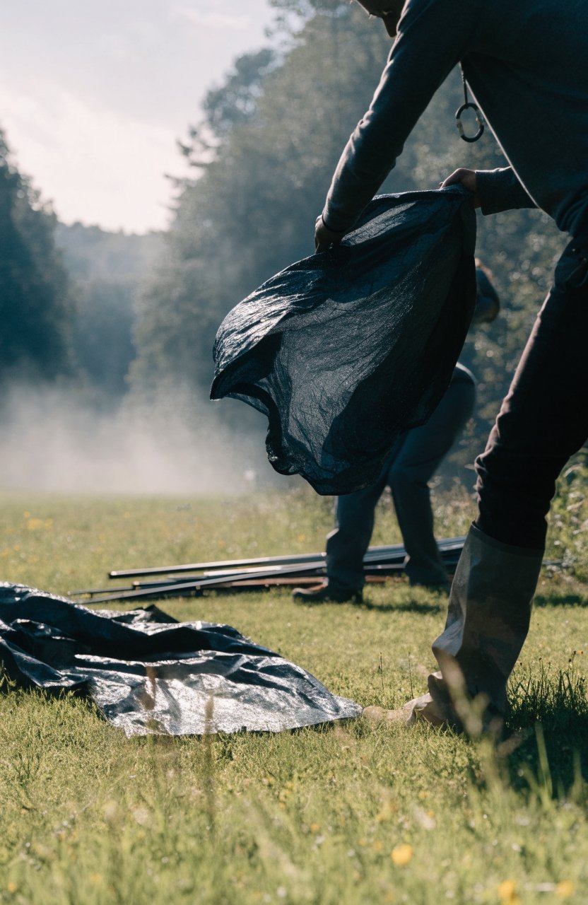 Taking down a tent in the morning and shaking out the footprint