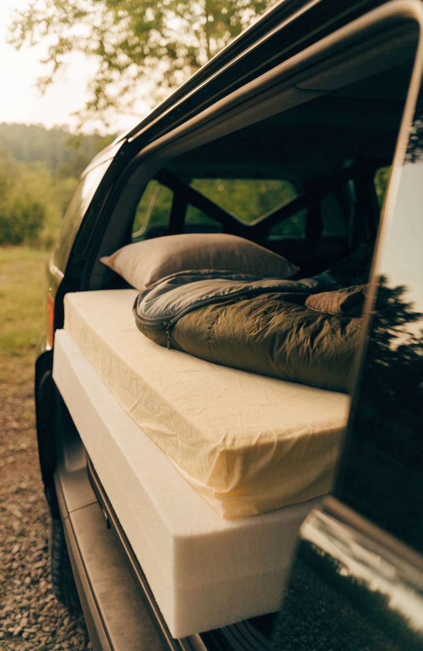 Fitted sheet over the mattress stack in the back of a car
