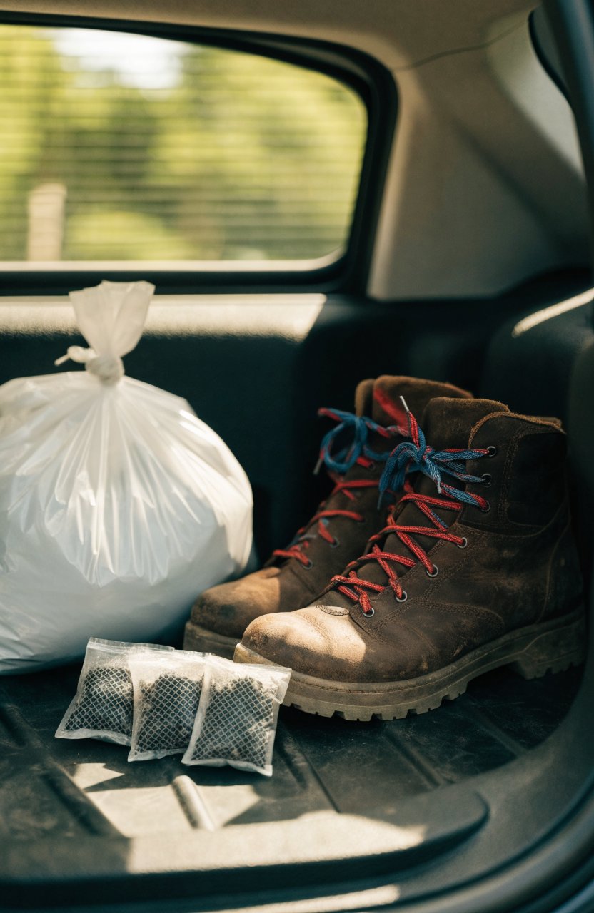 Charcoal odor bags beside boots and the trash bag in a car
