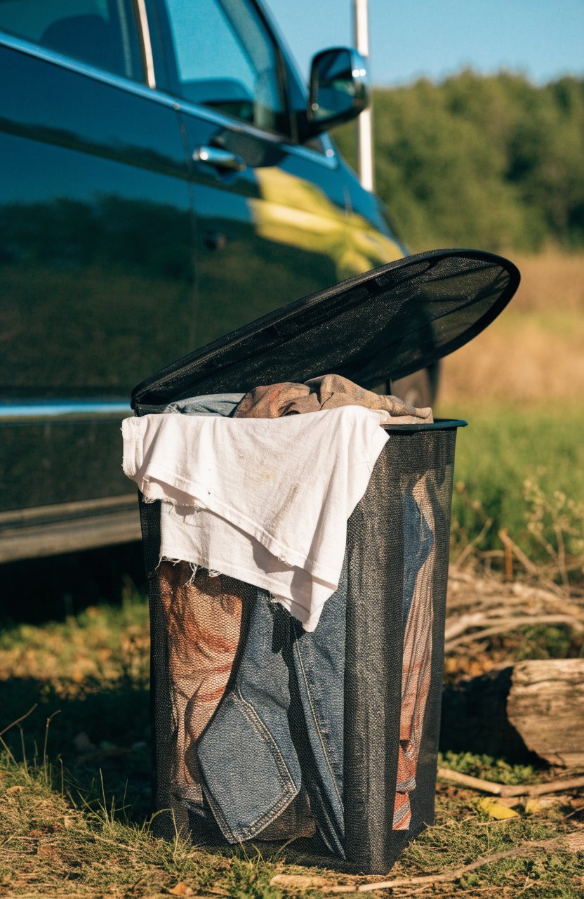 Pop-up mesh hamper for dirty clothes at a car campsite