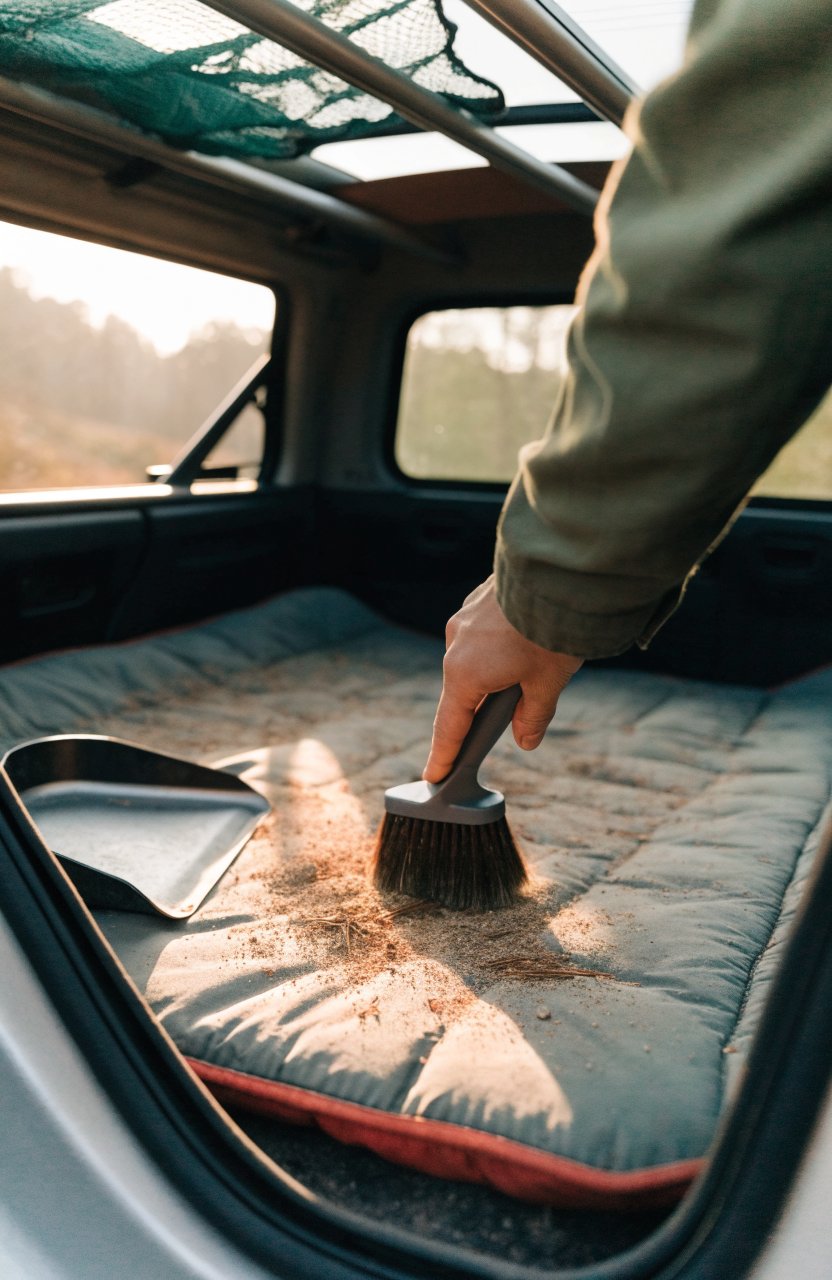 Hand brush sweeping sand from the bed in the back of a car