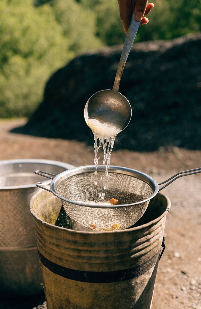 Straining dishwater through a mesh strainer at a campsite