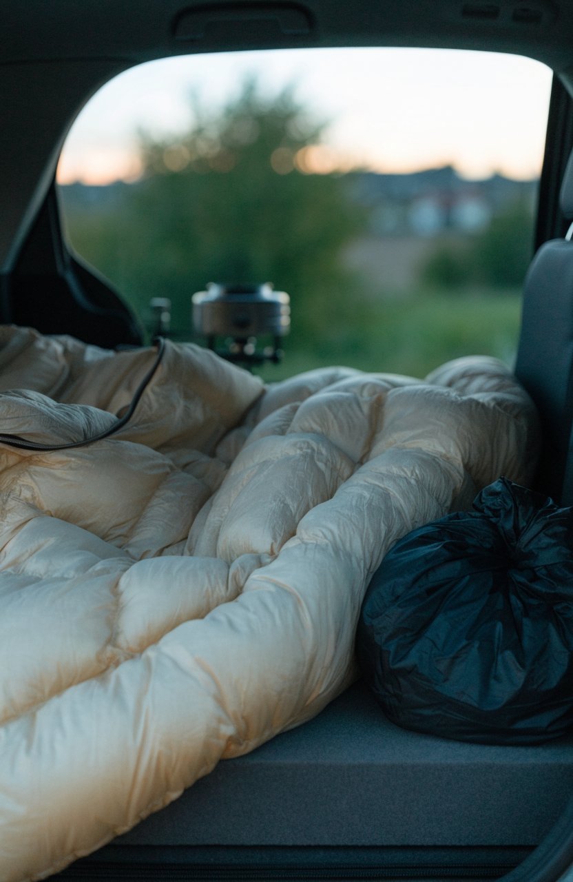 Sleeping bag lofting on the bed in the back of a car before night