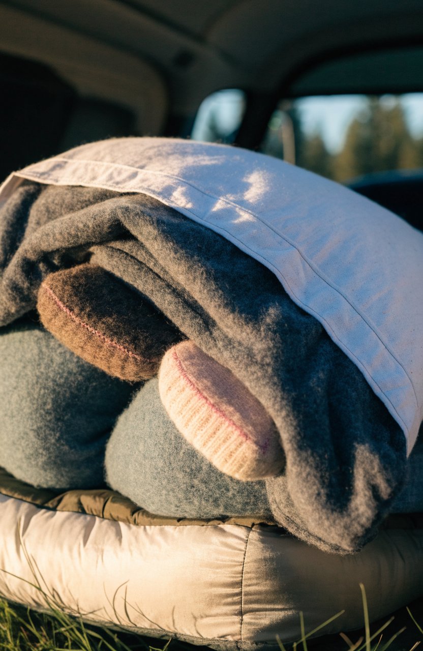 Pillowcase stuffed with tomorrow's clothes as a pillow in a car bed