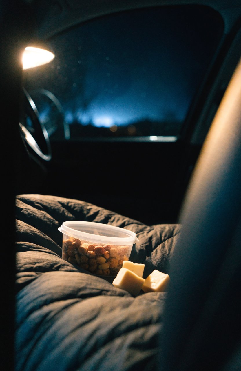Small bedtime snack of nuts and cheese in a car camping bed