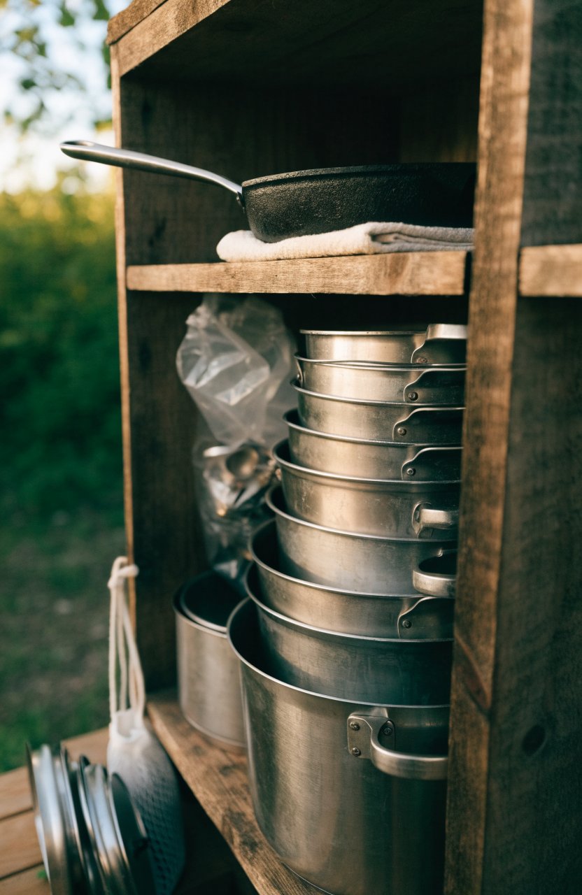 Nested pots and lids in a mesh pouch in a chuck box
