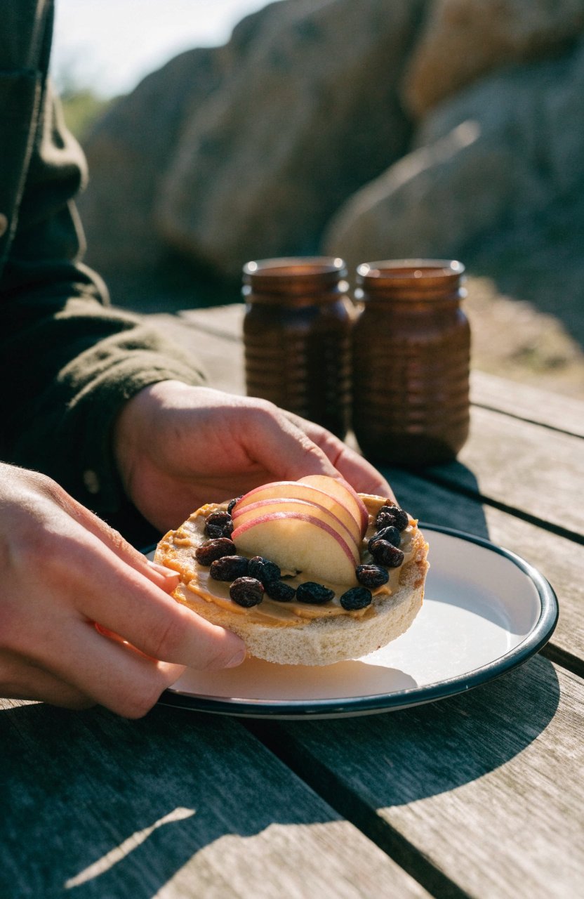 Bagel with peanut butter, raisins and apple slices at camp