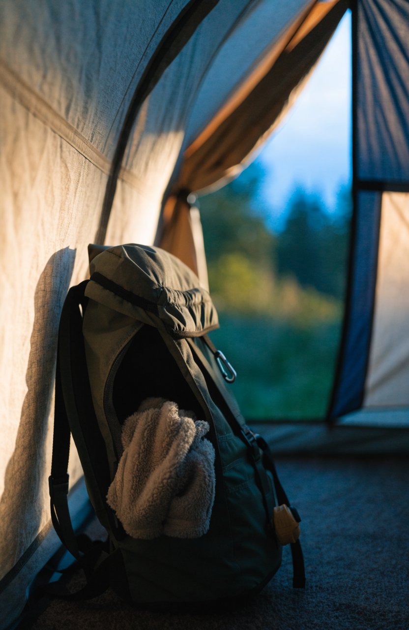 Backpack standing in a tent vestibule as a place for layers