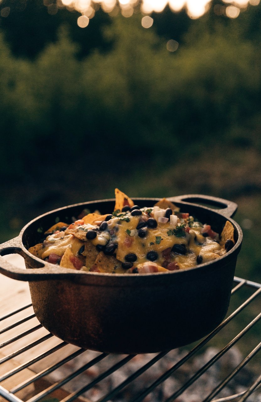 Campfire nachos with melted cheese and beans in a cast-iron Dutch oven