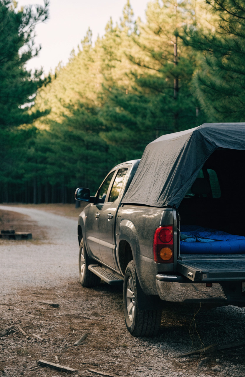 Pickup bed tent with mattress inside at forest campsite