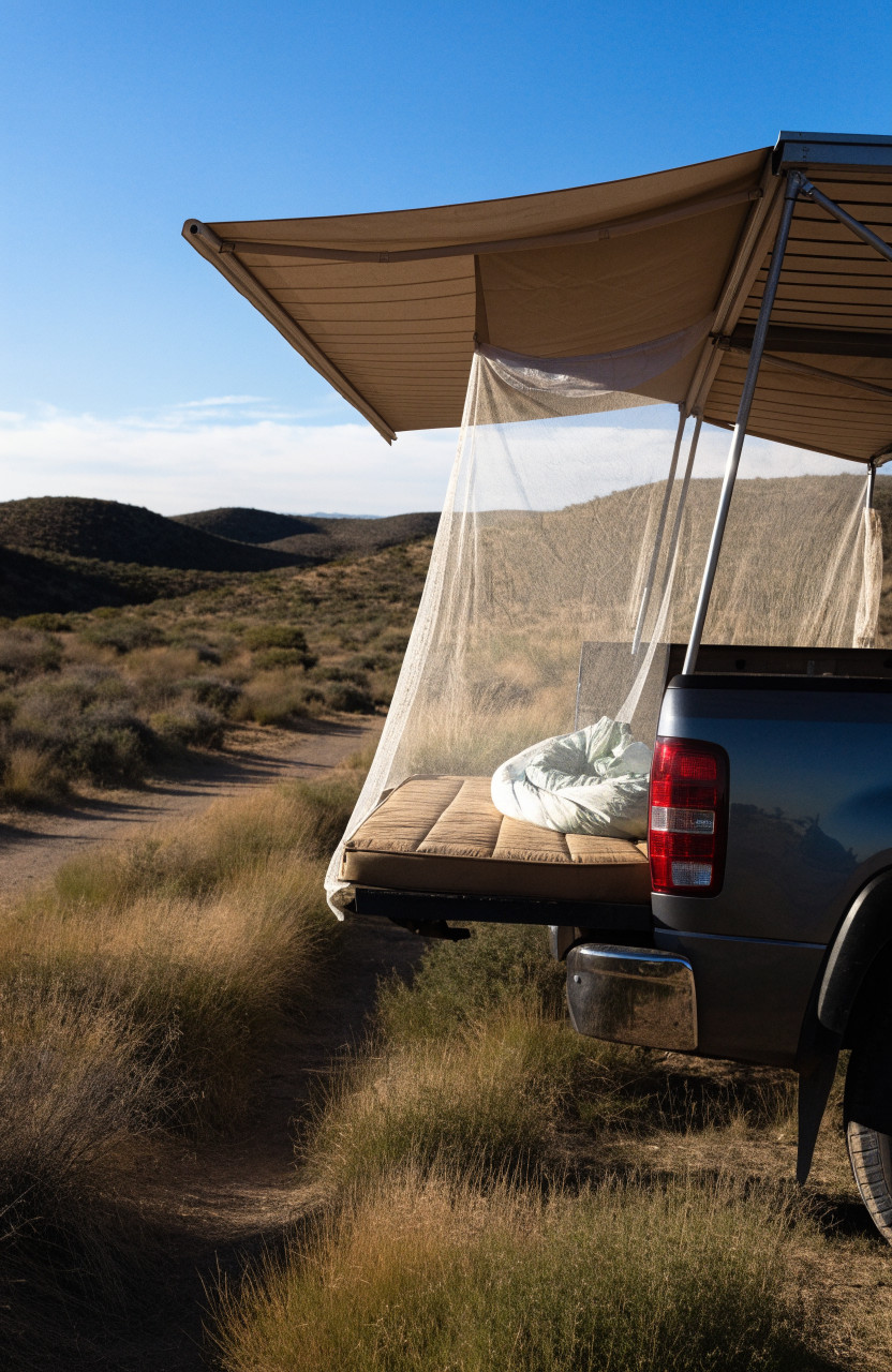 Open truck bed mattress under side awning with bug net
