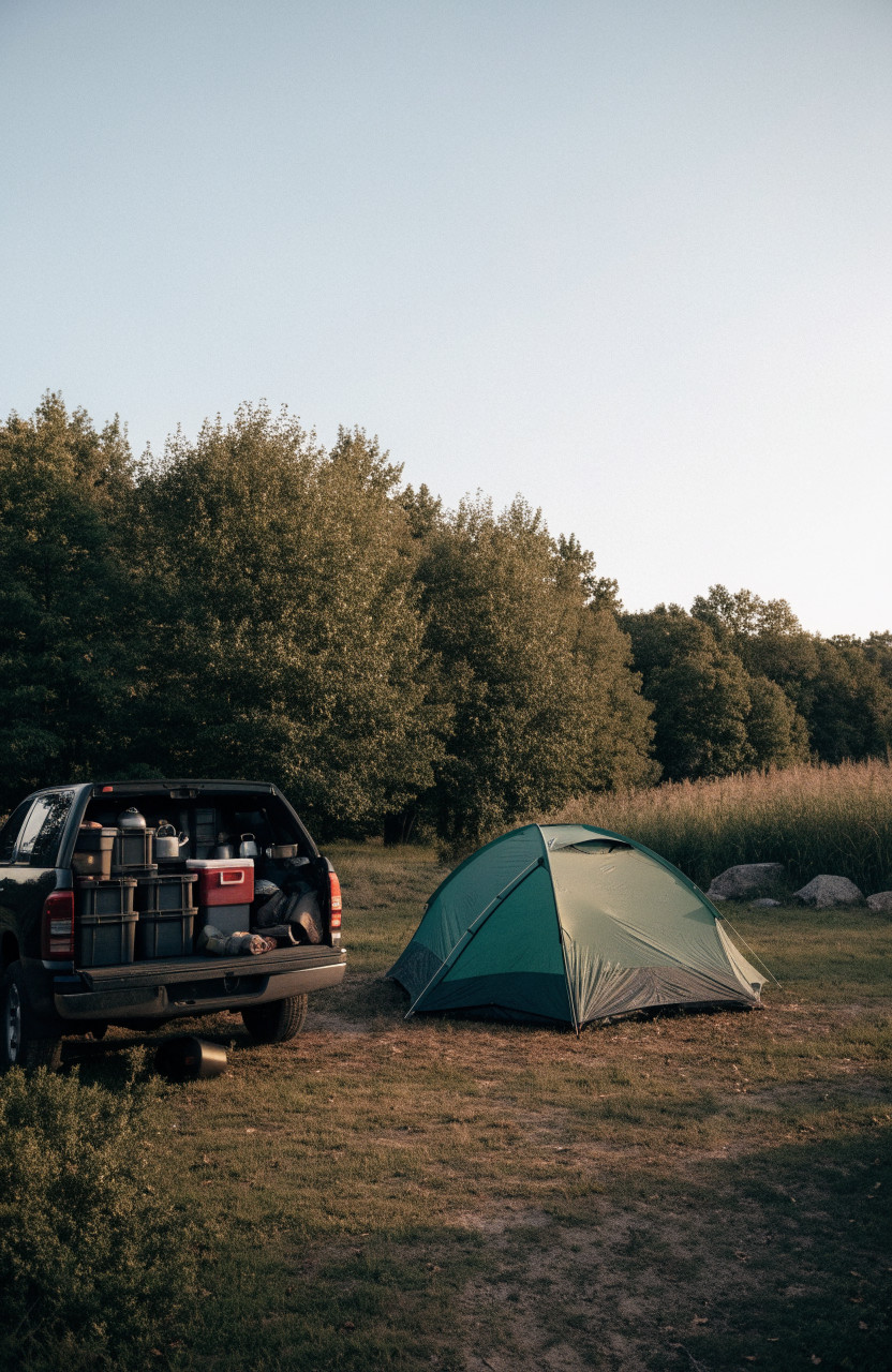 Ground tent beside pickup with gear stored in truck bed