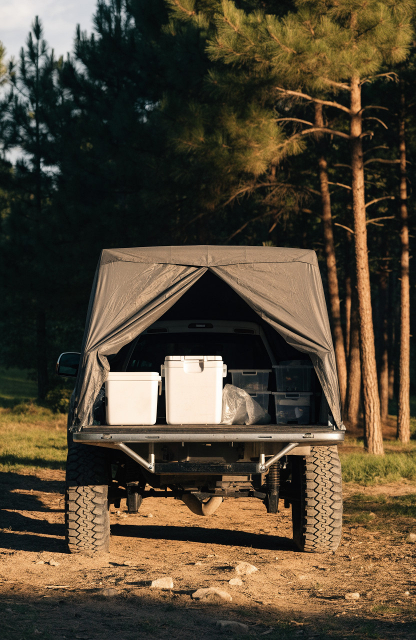 Floorless bed tent with coolers and bins left in truck bed