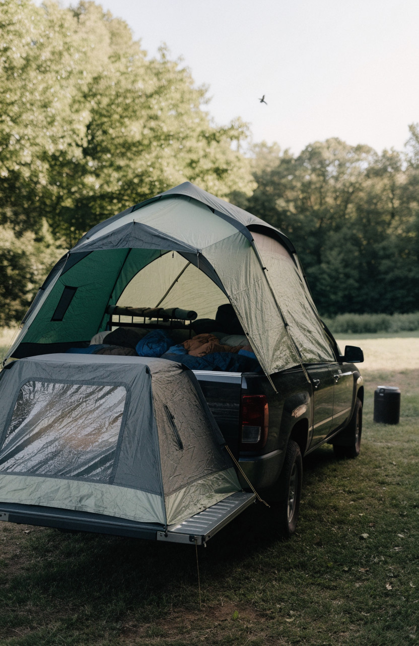 Truck bed tent with ground room extending off tailgate