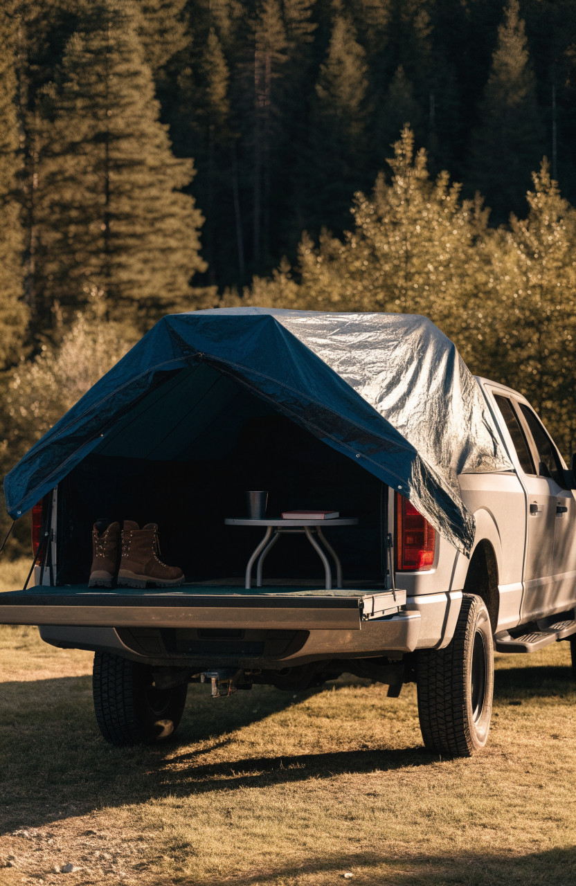Truck bed tent with tailgate down as porch under rainfly
