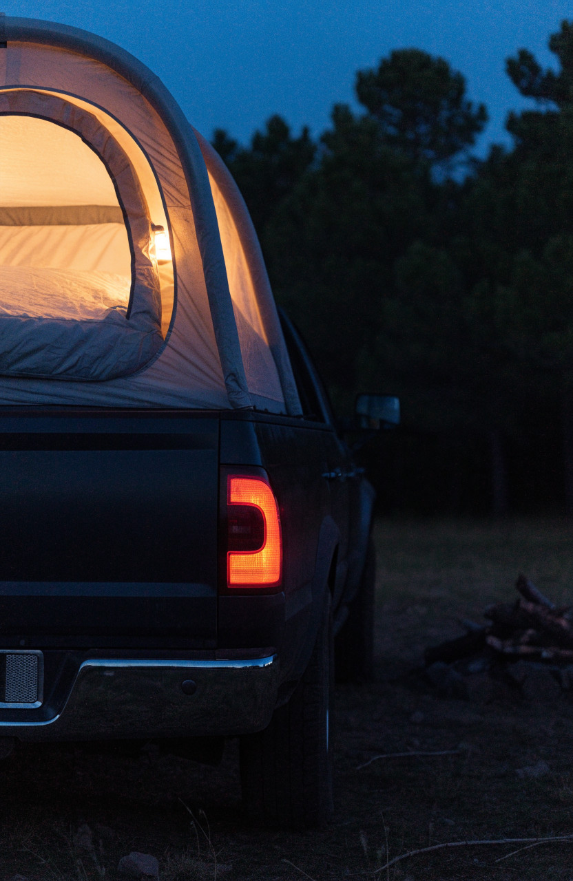 Air-beam truck bed tent glowing at nighttime campsite