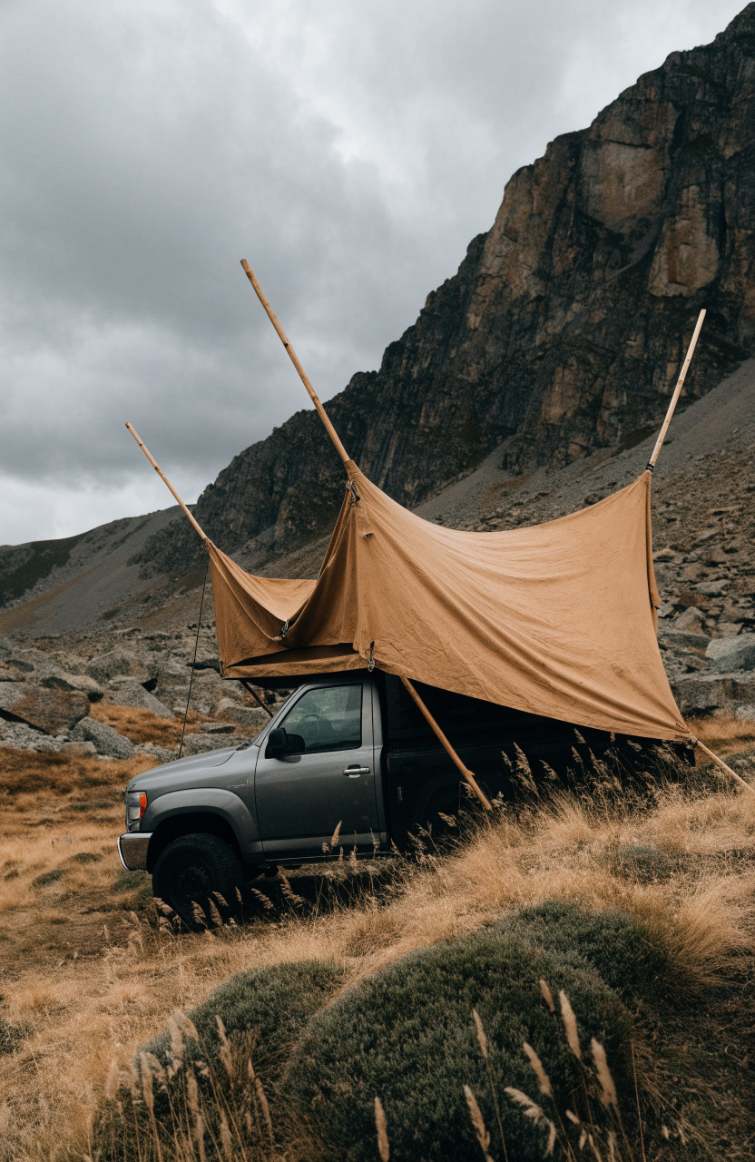 Heavy tan canvas truck bed tent in windy cold camp