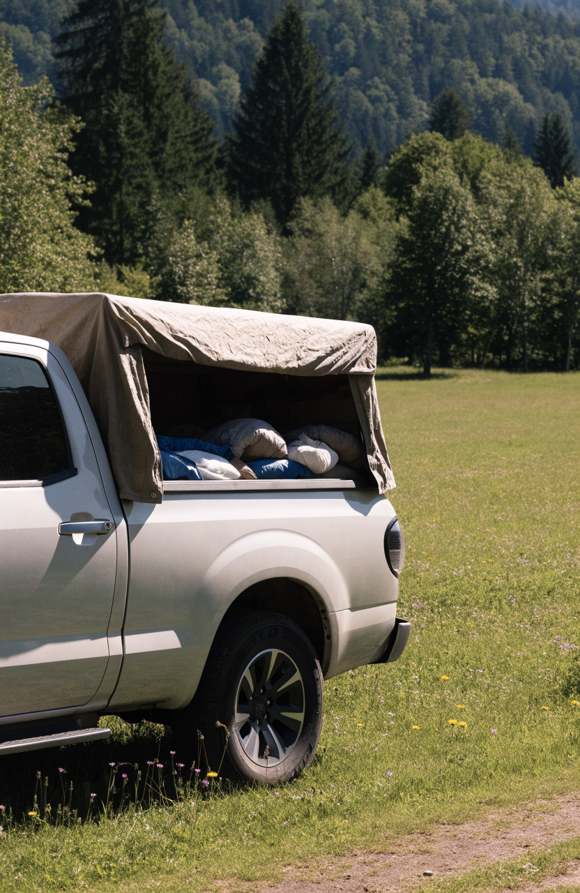 Pickup with soft canvas topper in sunny summer meadow