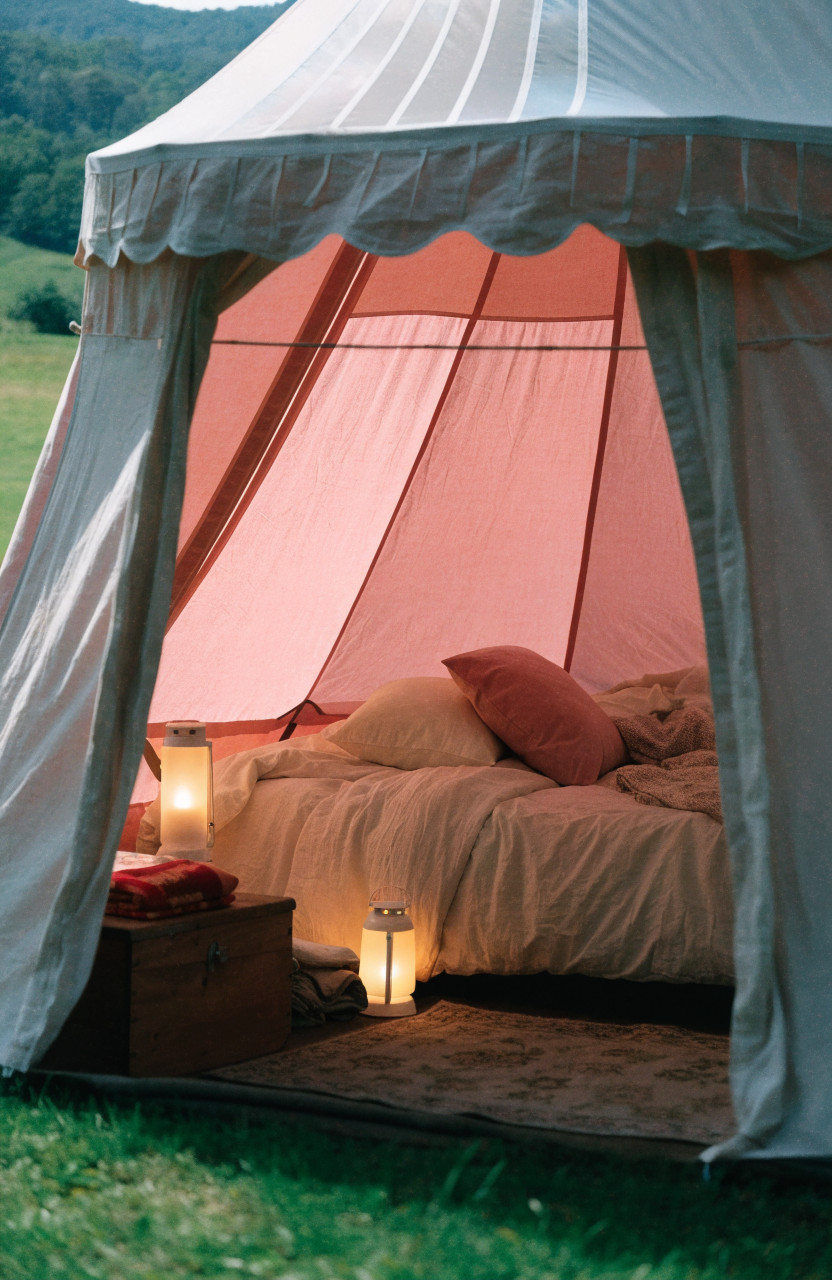 Blush bell tent interior with low bed, pink pillows and lanterns