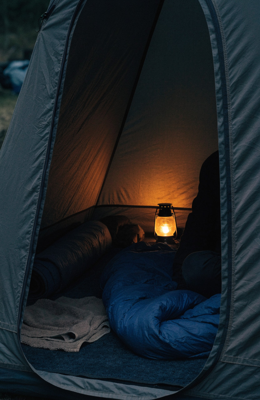 Small tent at night with navy bedding and warm lantern glow