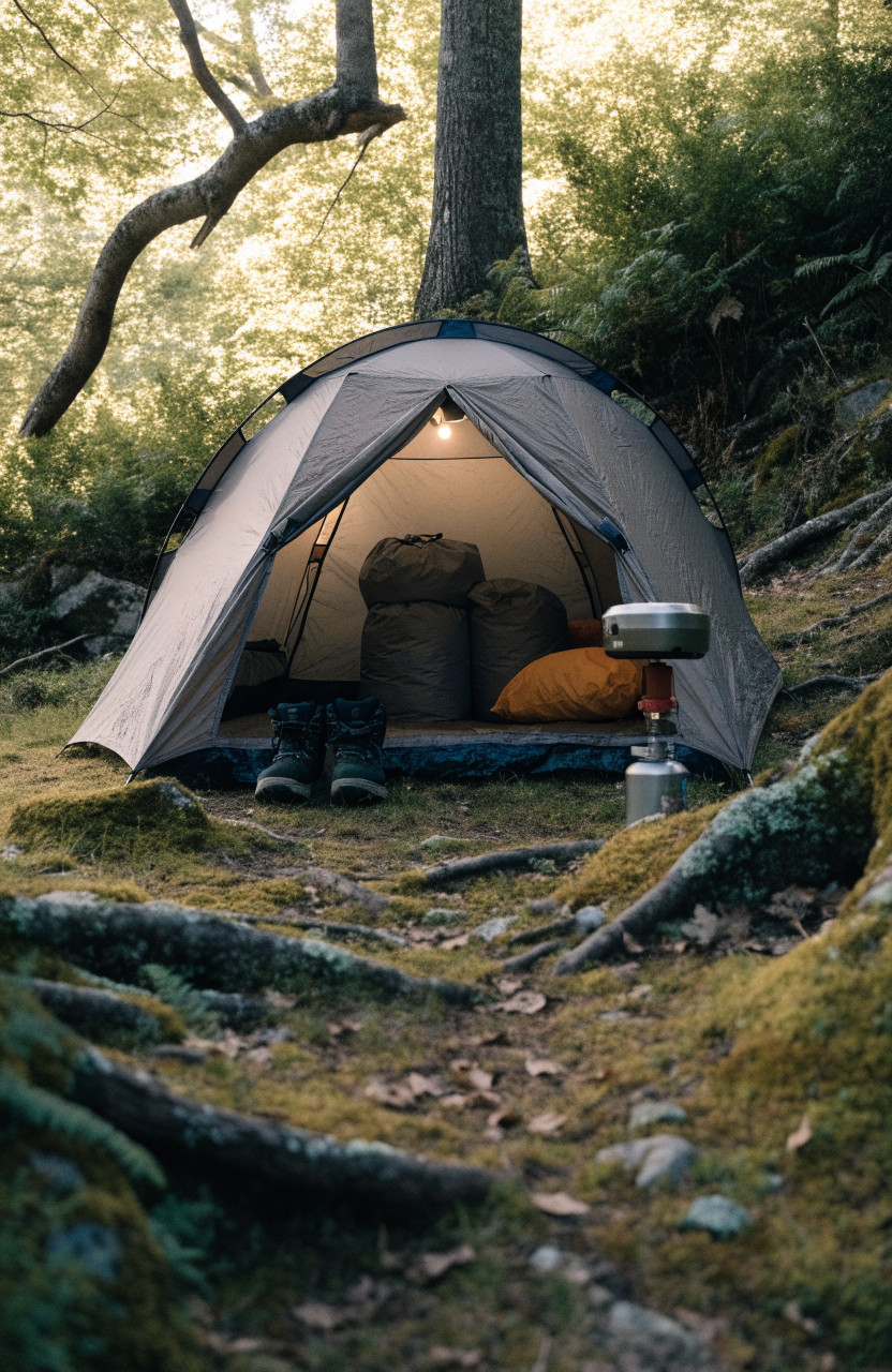 Small dome tent with tidy vestibule, shoes and camp gear