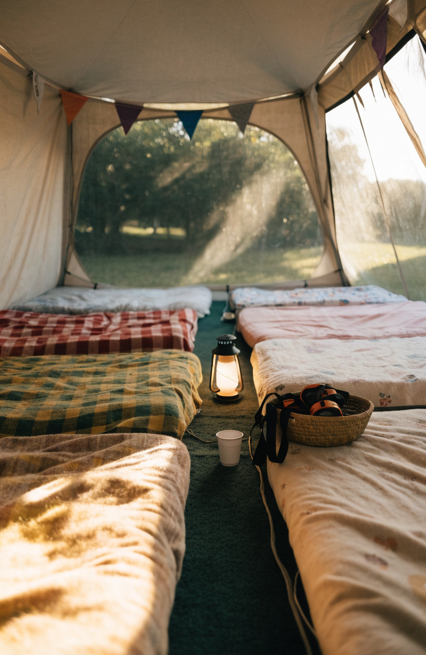 Kids sleepover tent with sleeping pads, fabric flags and lantern