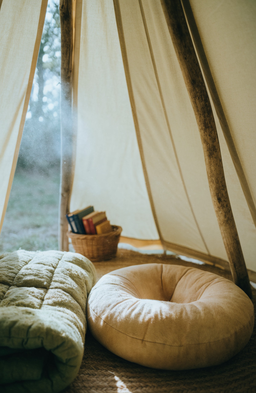 Cream teepee interior with green quilt, floor cushion and books