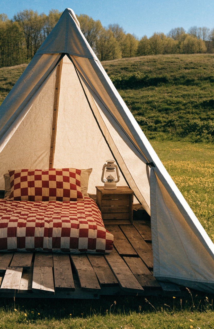 A-frame tent with checked quilt, lantern and wooden crate