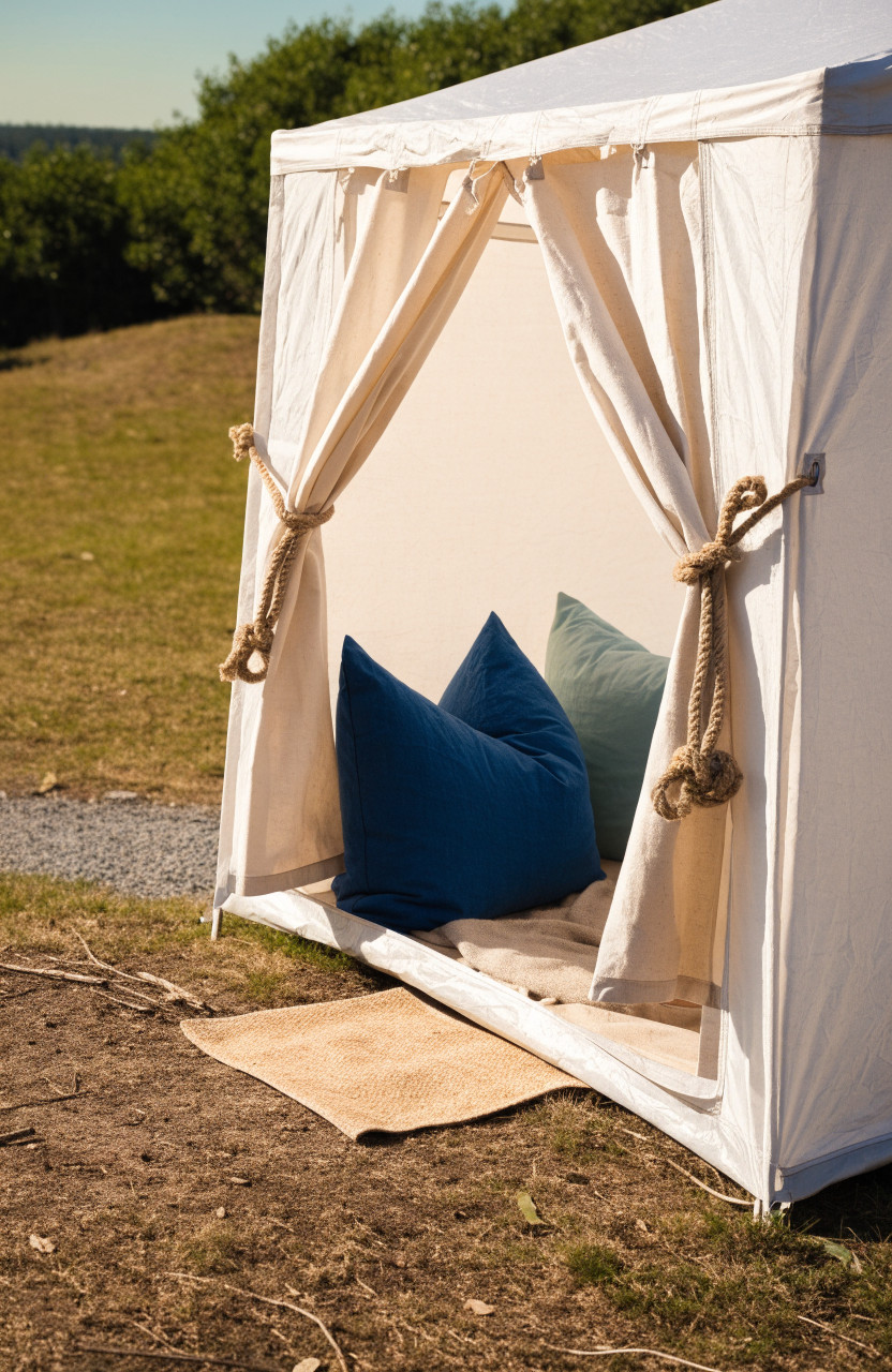 White cabin tent with sand rug and blue coastal pillows