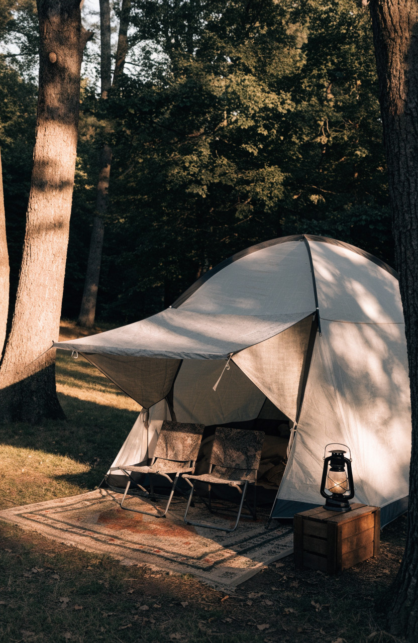 Tent with awning porch, rug, low chairs and lantern in woods
