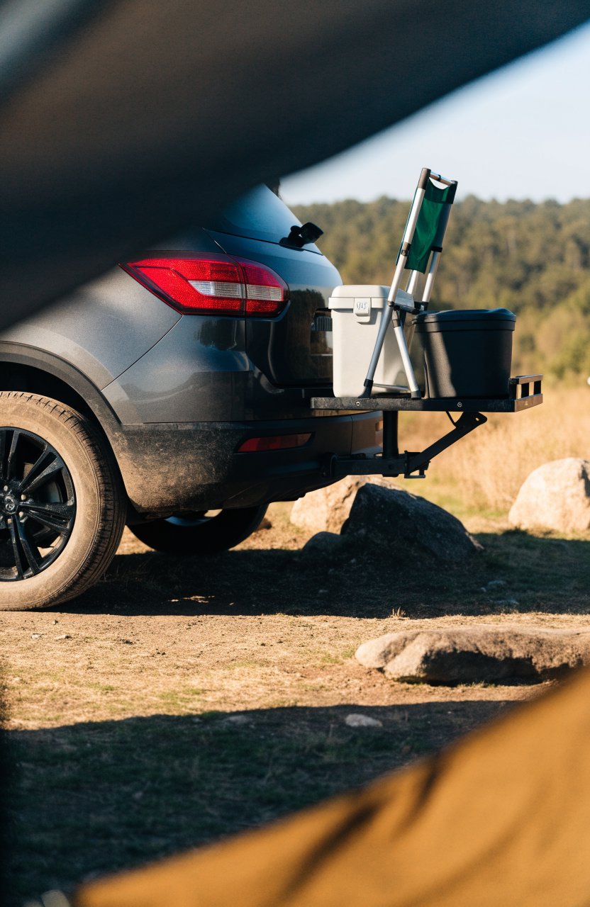 Hitch cargo carrier with a cooler and bins on the back of a small SUV
