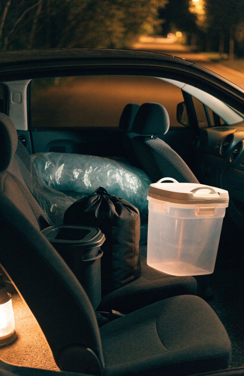 Gear moved onto the front seats so the cargo area is free for sleeping in a small car