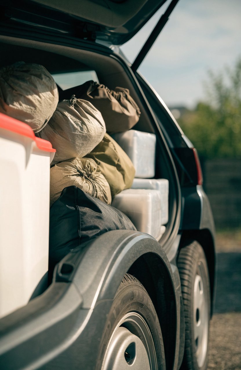 Soft duffels packed around the wheel wells of a small hatchback