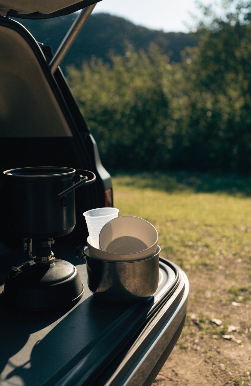 One-burner stove and nesting cook kit on the back of a small car