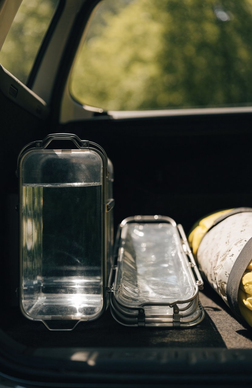 Collapsible water containers in the back of a small car