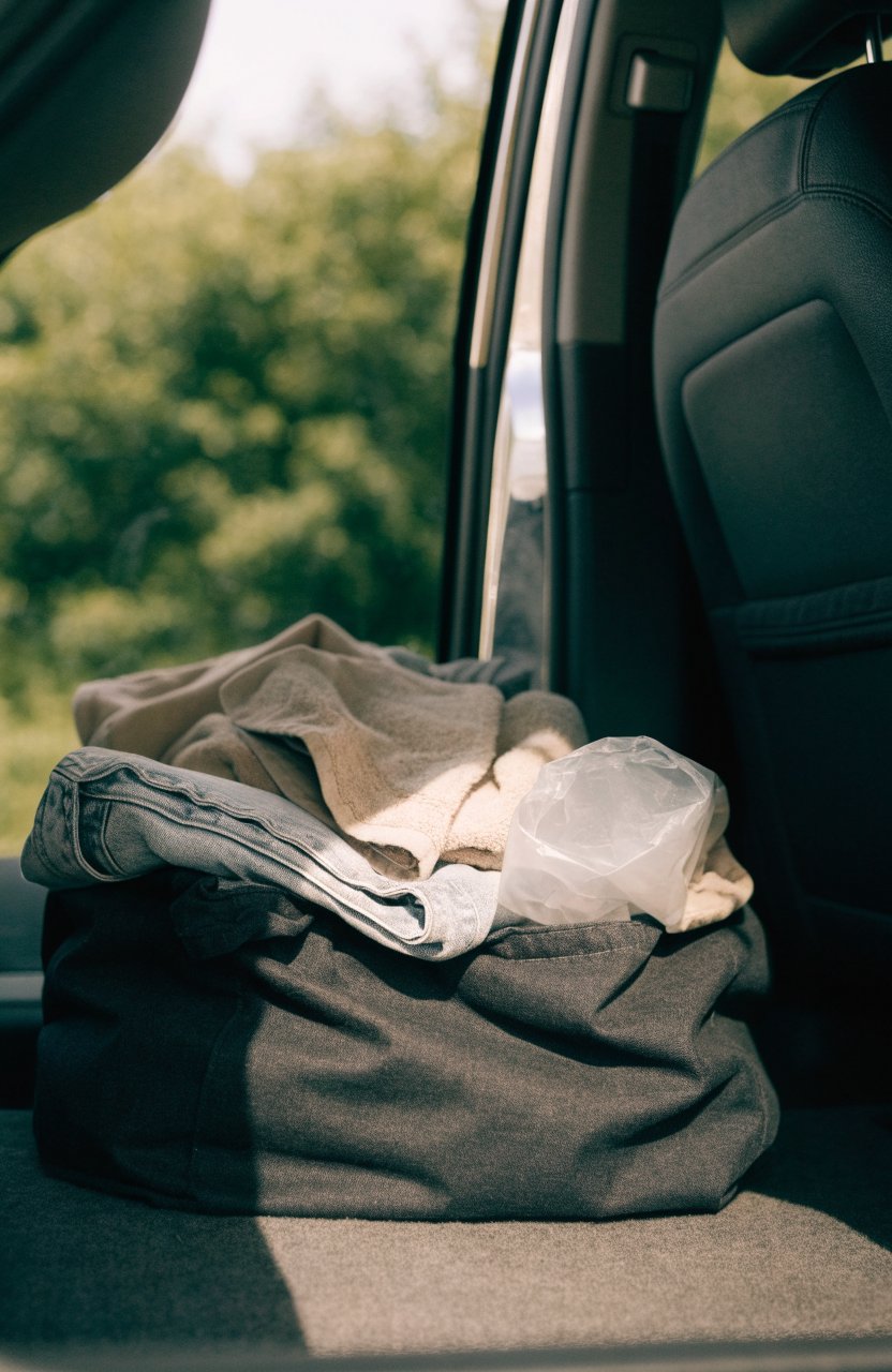 Small duffel of clothes and toiletries in a car's passenger footwell