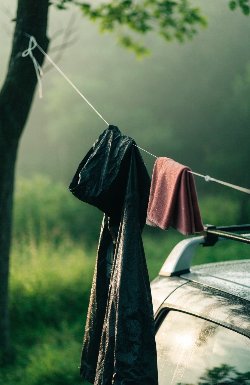 Wet rain jacket and towel drying outside a small car at camp