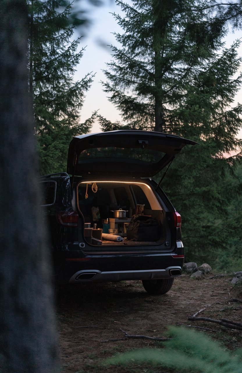 Open SUV hatch lit by warm LED strip lights along its edge at dusk
