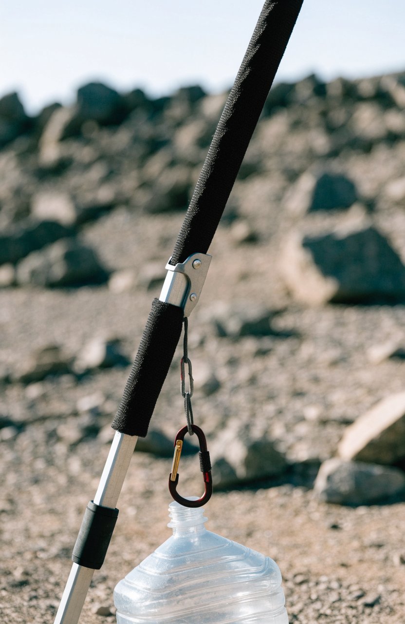 Water jug clipped to a canopy leg as a weight on a gravel campsite