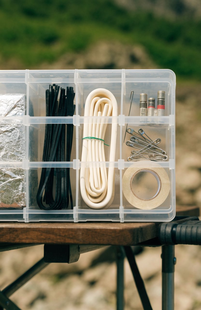 Tackle box organized as a camping repair kit