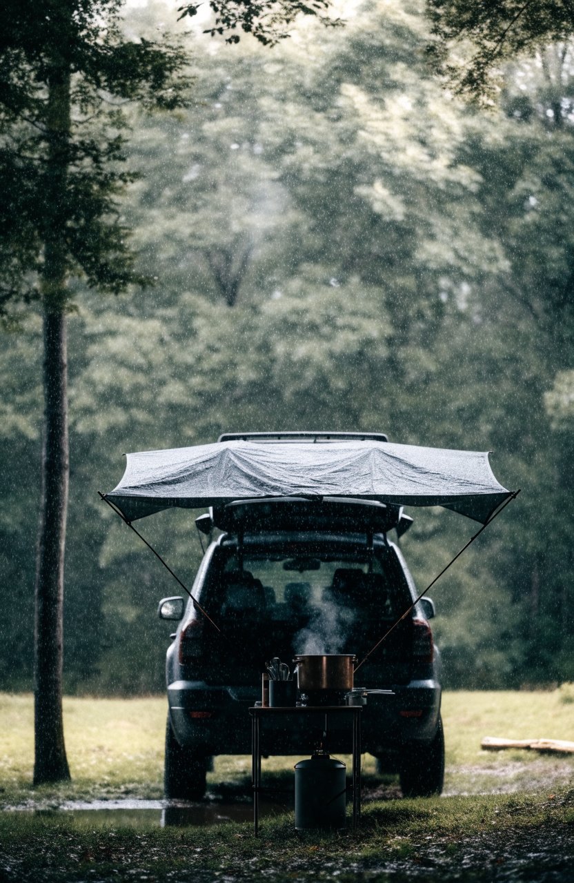 Tarp awning stretched from a car roof rack over the open hatch in the rain